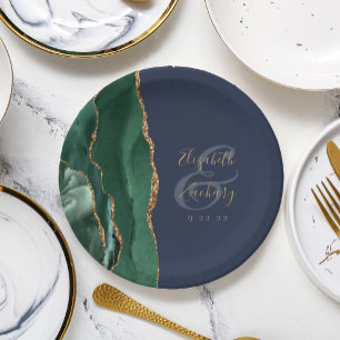 Emerald Green Agate Gold Burgundy Wedding Paper Plate