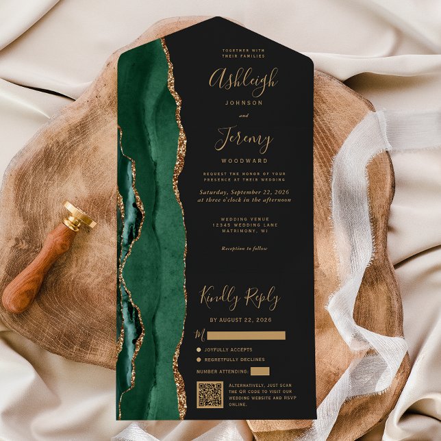 Emerald Green Agate Gold Dark QR Code Wedding All In One Invitation (Creator Uploaded)