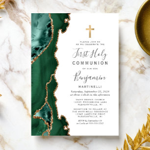 Emerald Green Agate Gold First Holy Communion Invitation