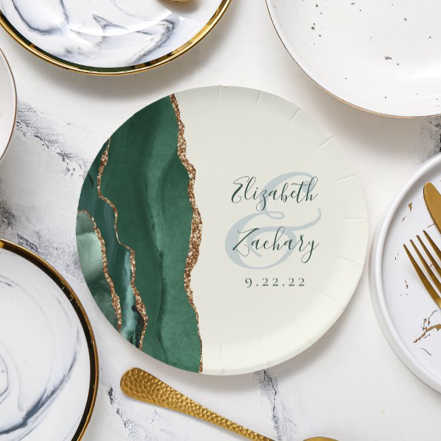 Emerald Green Agate Gold Ivory Wedding Paper Plate (Creator Uploaded)