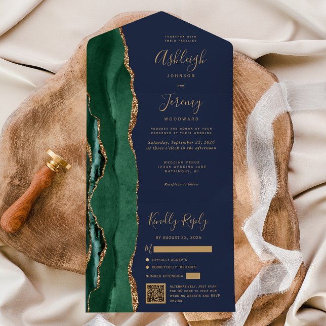 Emerald Green Agate Gold Navy Blue QR Code Wedding All In One Invitation (Creator Uploaded)