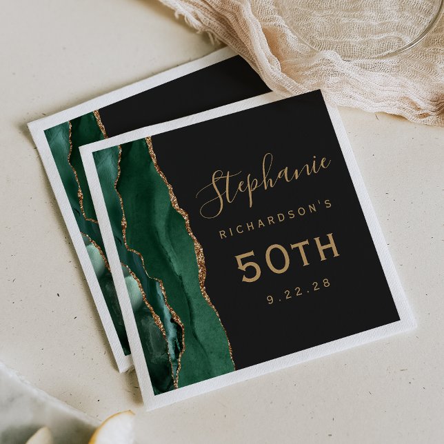 Emerald Green Agate Gold Script Dark 50th Birthday Napkin (Creator Uploaded)