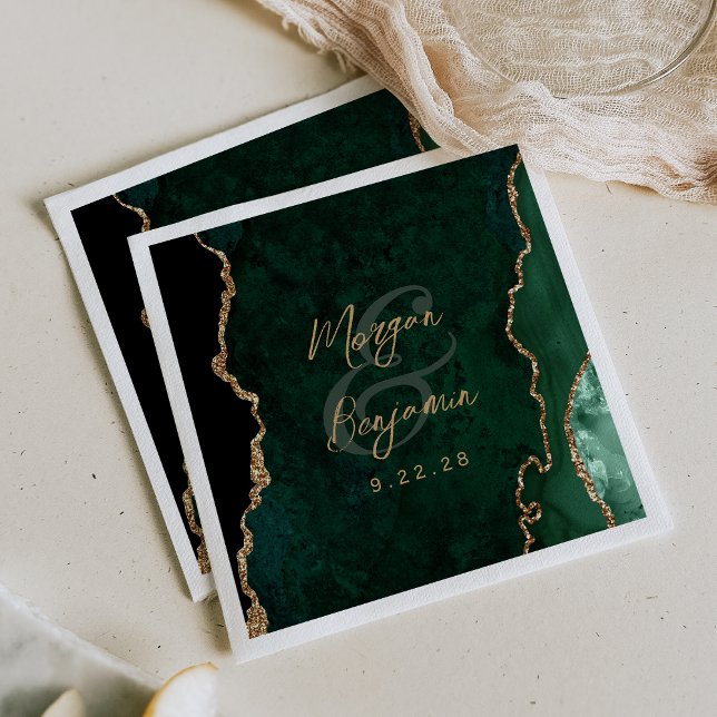 Emerald Green Agate Gold Script Wedding Napkin (Creator Uploaded)