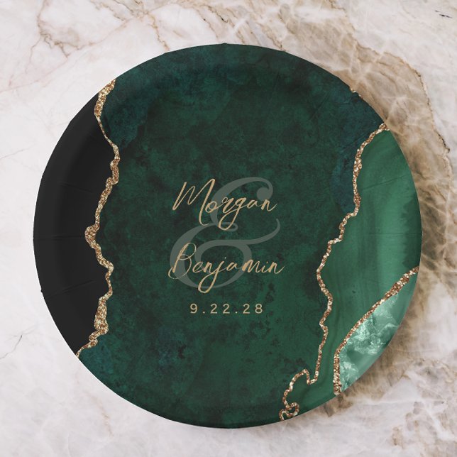 Emerald Green Agate Gold Script Wedding Paper Plate (Creator Uploaded)