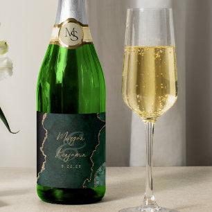 Emerald Green Agate Gold Script Wedding Sparkling Wine Label