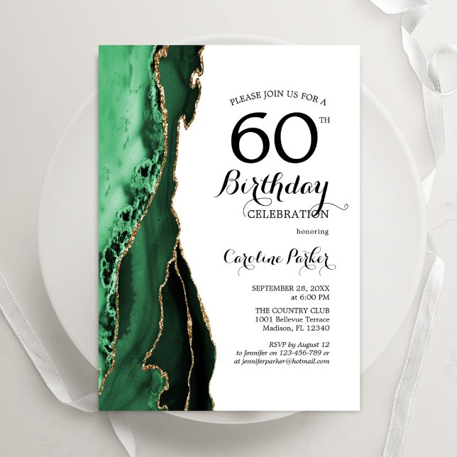 Emerald Green Agate Gold White 60th Birthday Invitation (Creator Uploaded)