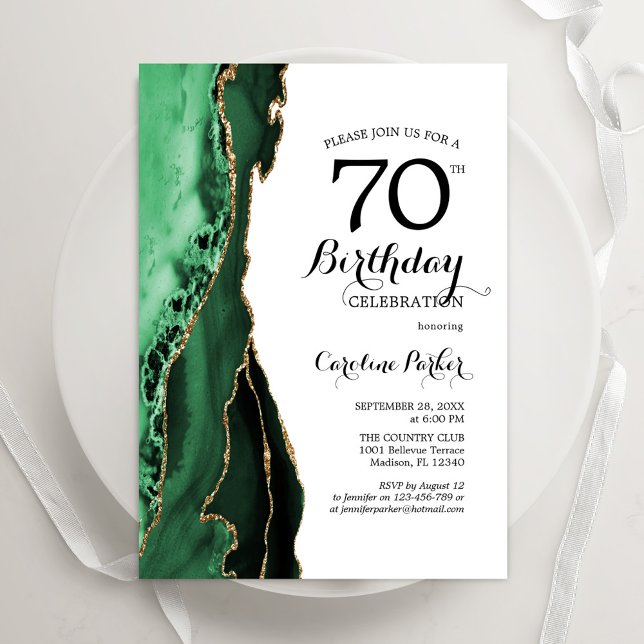 Emerald Green Agate Gold White 70th Birthday Invitation (Creator Uploaded)