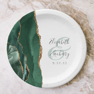 Emerald Green Agate Gold White Wedding Paper Plate