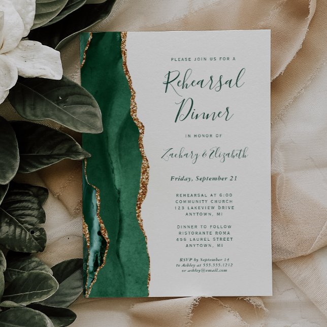 Emerald Green Agate Ivory Wedding Rehearsal Dinner Invitation (Creator Uploaded)
