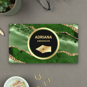 Emerald Green Agate Lawyer Attorney Gold Pen Nib Business Card