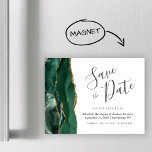 Emerald Green Agate Magnetic Wedding Save the Date<br><div class="desc">This elegant save the date magnetic card features an emerald green watercolor agate border trimmed with faux gold glitter. The customisable text combines charcoal grey handwriting script,  copperplate and italic fonts on a white background.</div>