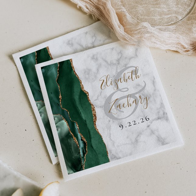 Emerald Green Agate Marble Gold Script Wedding Napkin (Creator Uploaded)