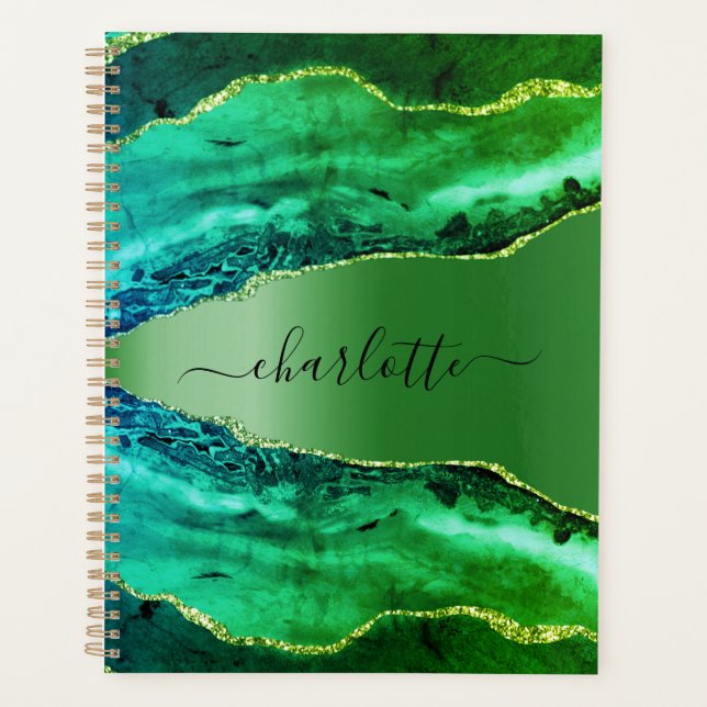 Emerald green agate marble name script planner (Front)