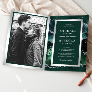 Emerald Green Agate Marble QR Code Wedding Invitation