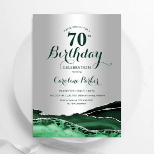 Emerald Green Agate Marble Silver 70th Birthday Invitation