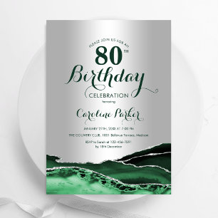 Emerald Green Agate Marble Silver 80th Birthday Invitation