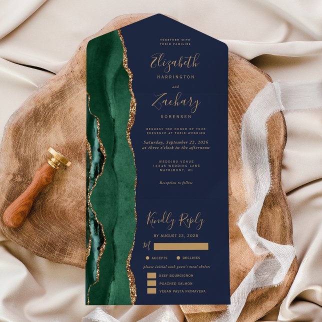 Emerald Green Agate Navy Blue Meal Options Wedding All In One Invitation (Creator Uploaded)