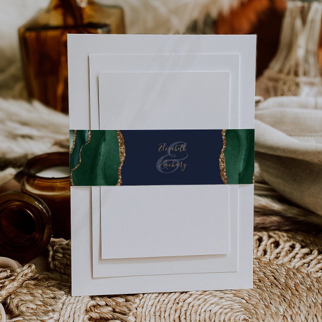 Emerald Green Agate Navy Blue Wedding Invitation Invitation Belly Band (Creator Uploaded)