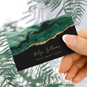 Emerald green agate on black business card