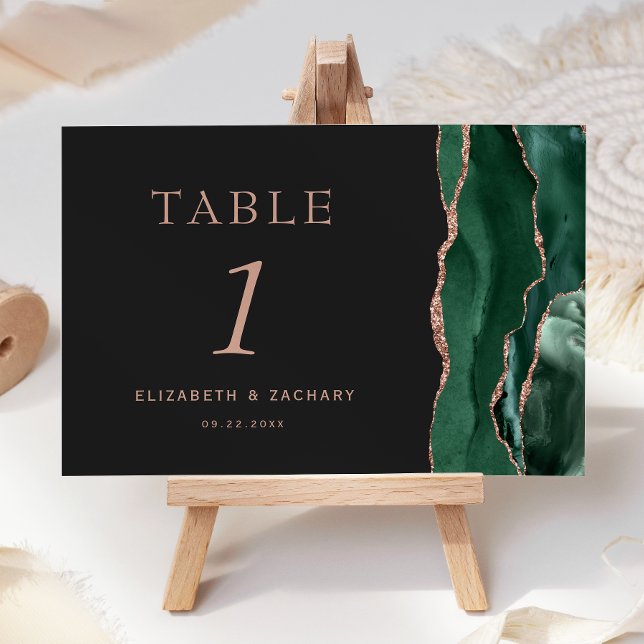 Emerald Green Agate Rose Gold Dark Wedding Table Number (Creator Uploaded)