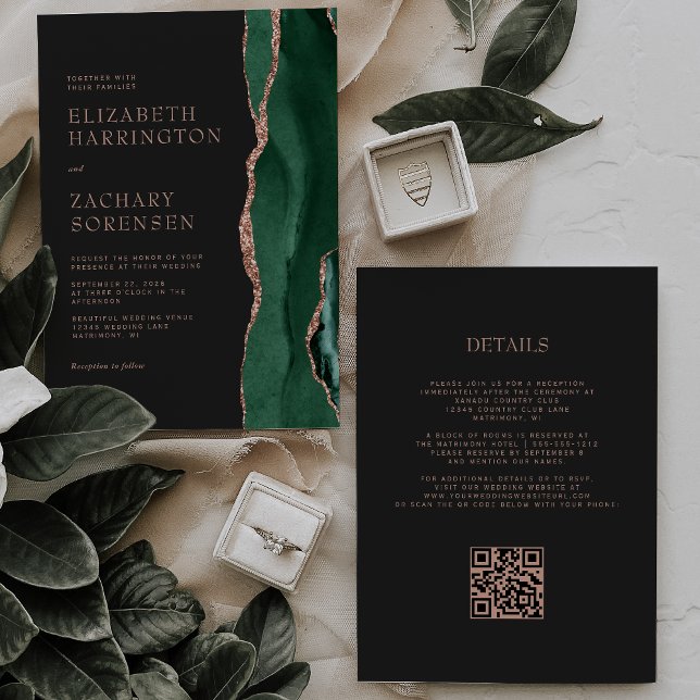 Emerald Green Agate Rose Gold QR Code Wedding Invitation (Creator Uploaded)