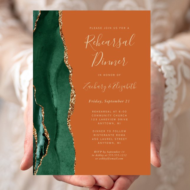  Emerald Green Agate Rust Wedding Rehearsal Dinner Invitation (Creator Uploaded)