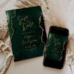 Emerald Green Agate Script Wedding Save the Date Invitation<br><div class="desc">This elegant wedding save the date features a background image of emerald green watercolor agate trimmed with faux gold glitter. The customisable text combines gold-coloured modern handwriting,  copperplate and italic fonts. The reverse side features a coordinating emerald green and gold agate design.</div>