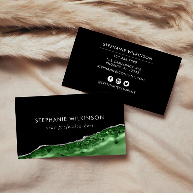 Emerald Green Agate & Silver Glitter Border Black Business Card (Green Agate & Silver Glitter Border Black Business Card)