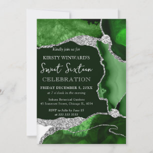 Emerald Green Agate & Silver Glitter Sweet Sixteen Invitation