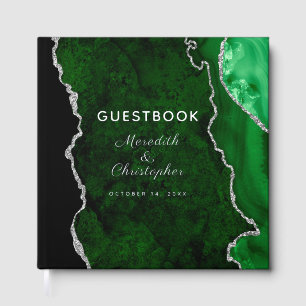 Emerald Green Agate Wedding Silver Guest Book