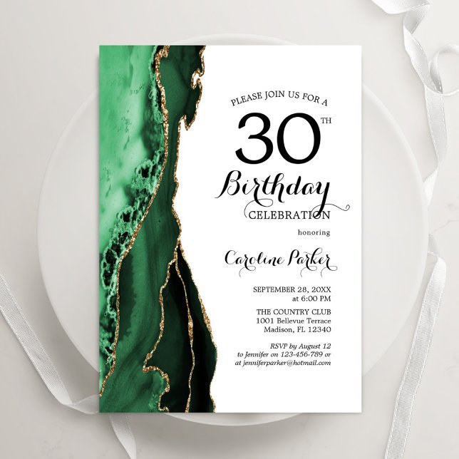 Emerald Green Agate White Gold 30th Birthday Invitation (Creator Uploaded)