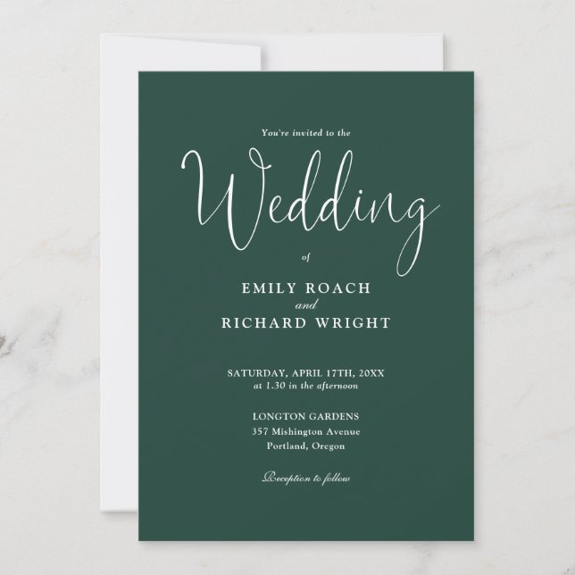 Emerald Green All In One Elegant Script Wedding Invitation (Front)