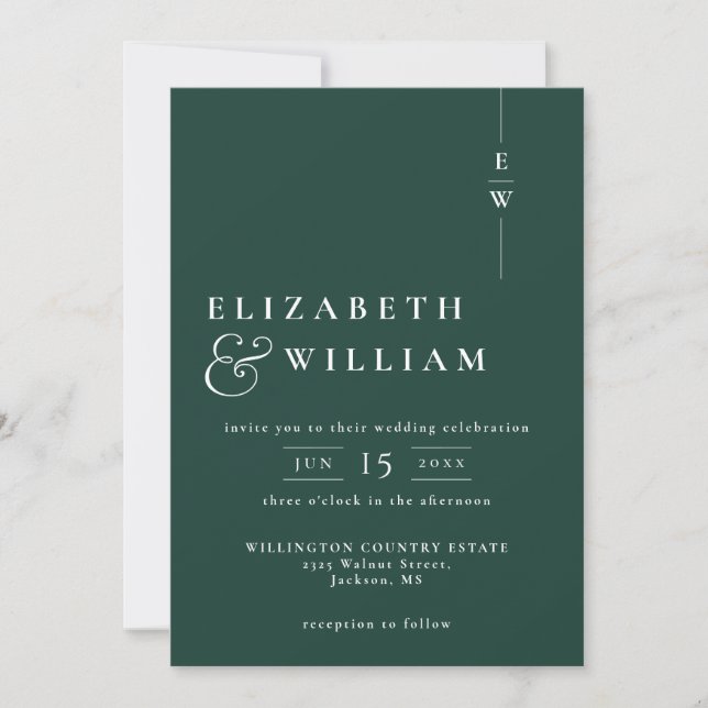 Emerald Green All In One Modern Monogram Wedding Invitation (Front)
