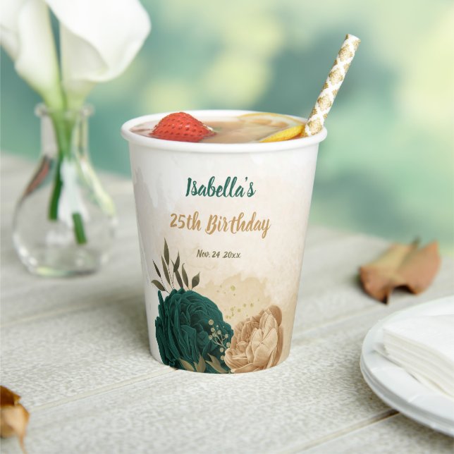 emerald green and beige gold flowers  paper cups (Insitu)