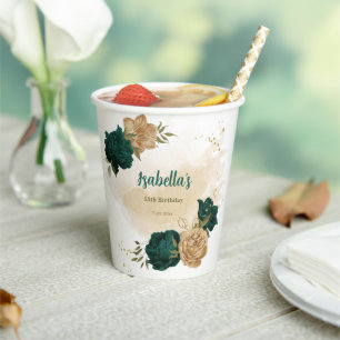 emerald green and beige gold flowers paper cups