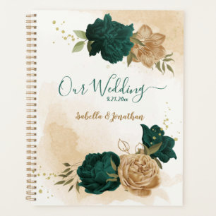 emerald green and beige gold flowers planner