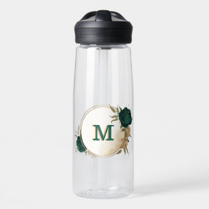 emerald green and beige gold flowers  water bottle