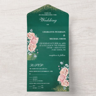 Emerald Green And Blush Pink Floral Wedding All In One Invitation
