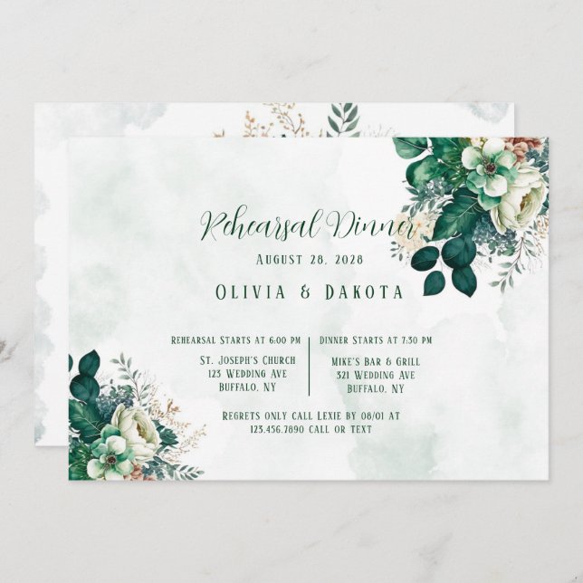 Emerald Green and Cream Florals Rehearsal Dinner Invitation (Front/Back)
