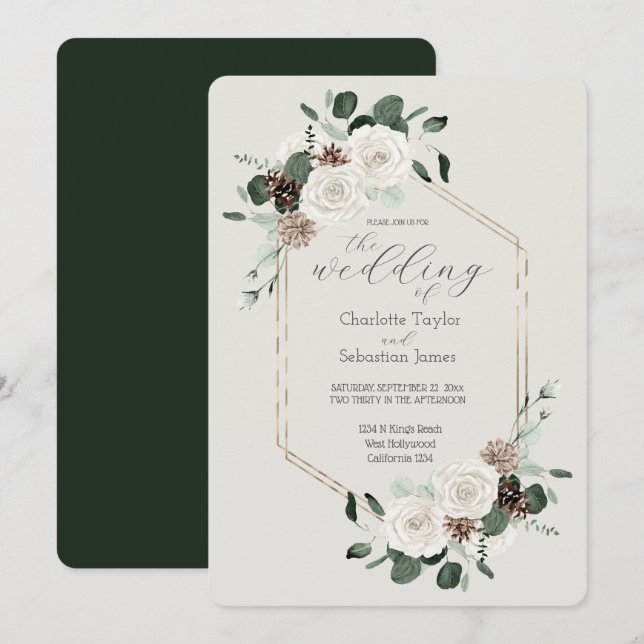 Emerald Green And Cream Flowers Wedding Invitation (Front/Back)