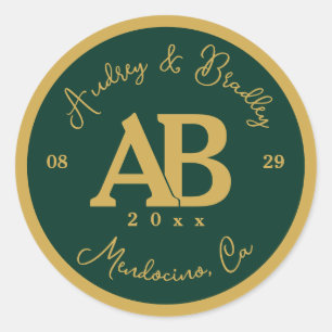 Emerald Green and Gold 2 Letter Monogram Wedding Classic Round Sticker