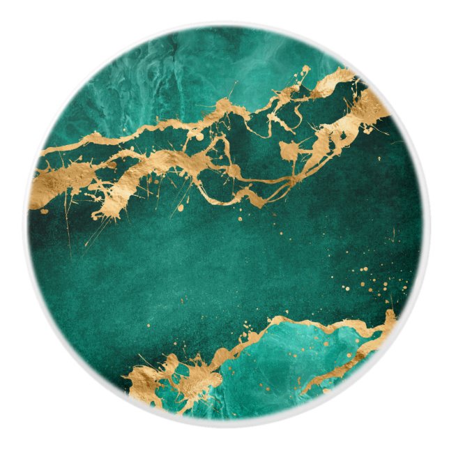 Emerald Green and Gold abstract Ceramic Knob (Front)