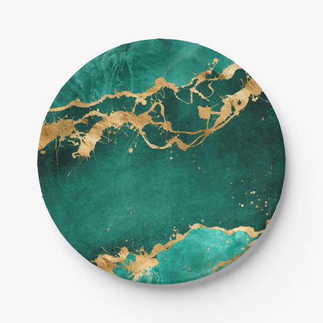 Emerald Green and Gold abstract Paper Plate (Front)