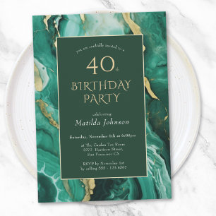 Emerald Green and Gold Agate 40th Birthday Invitation
