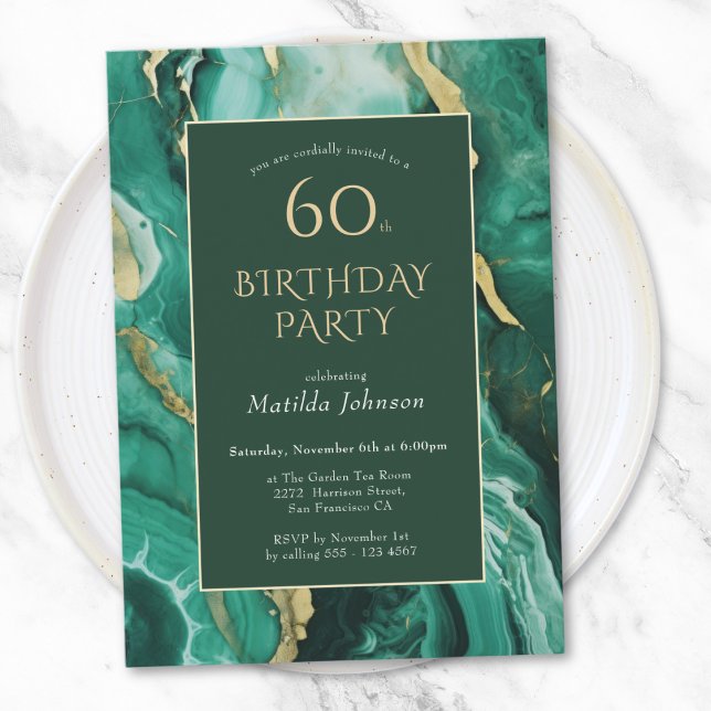 Emerald Green and Gold Agate 60th Birthday Invitation (Emerald Green and Gold Agate 60th Birthday Invitation)