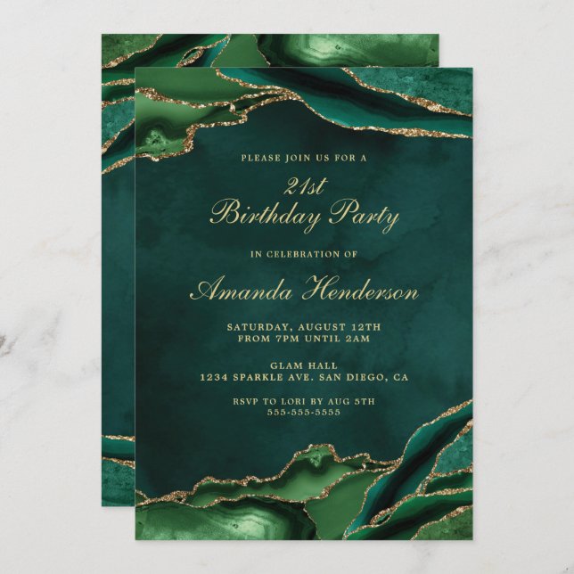 Emerald Green and Gold Agate Marble Invitation (Front/Back)