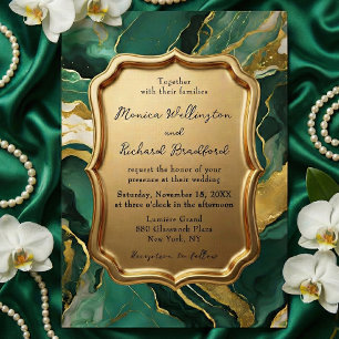 Emerald Green and Gold Agate Marble Luxury Wedding Invitation