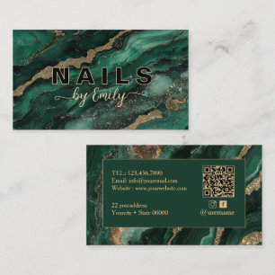 Emerald green and Gold Agate Marble Nail Artist Business Card