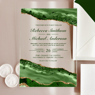 Emerald Green and Gold Agate Marble Wedding Acrylic Invitations