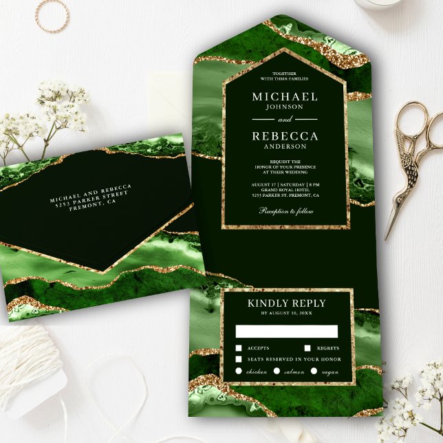 Emerald Green and Gold Agate Marble Wedding All In One Invitation (Creator Uploaded)